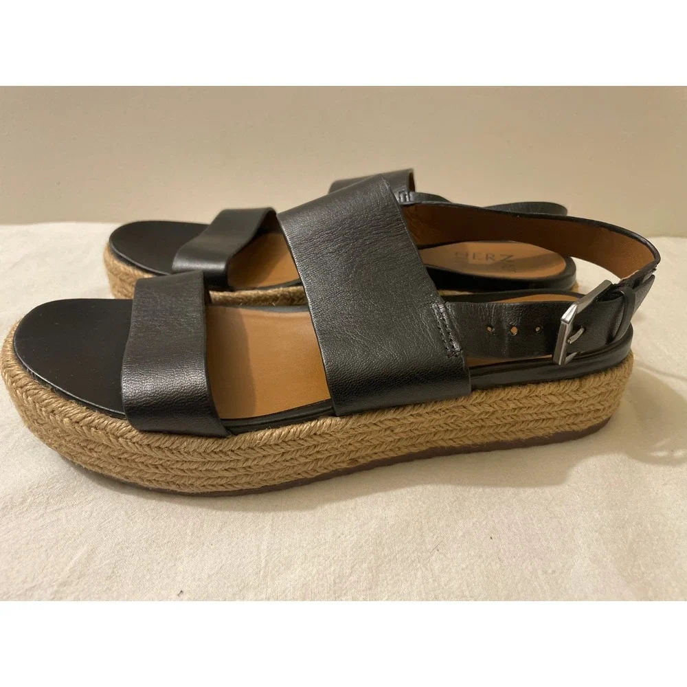 Naturalizer Patience Black Leather Espadrille Platform Wedge Sandals Womens 6.5M